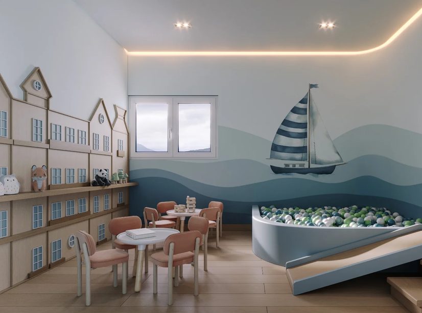 Brinquedoteca com piscina de bolinhas em forma de barco